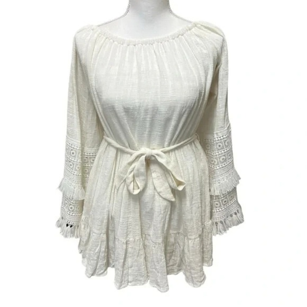 Judith March Cream Boho Mini Dress or Tunic with Lace Bell Sleeves